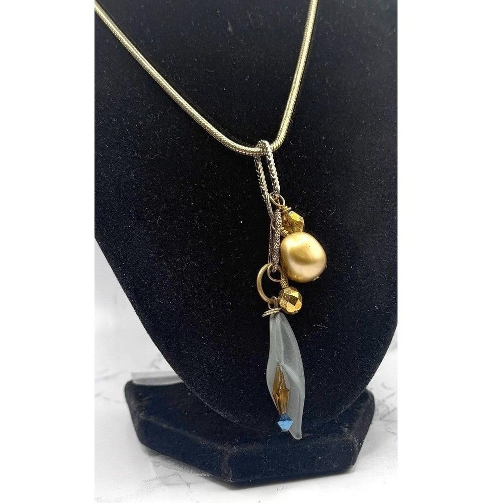 Boho Frosted Glass Leaf Pendant Necklace Gold Tone Snake Chain 16-18"